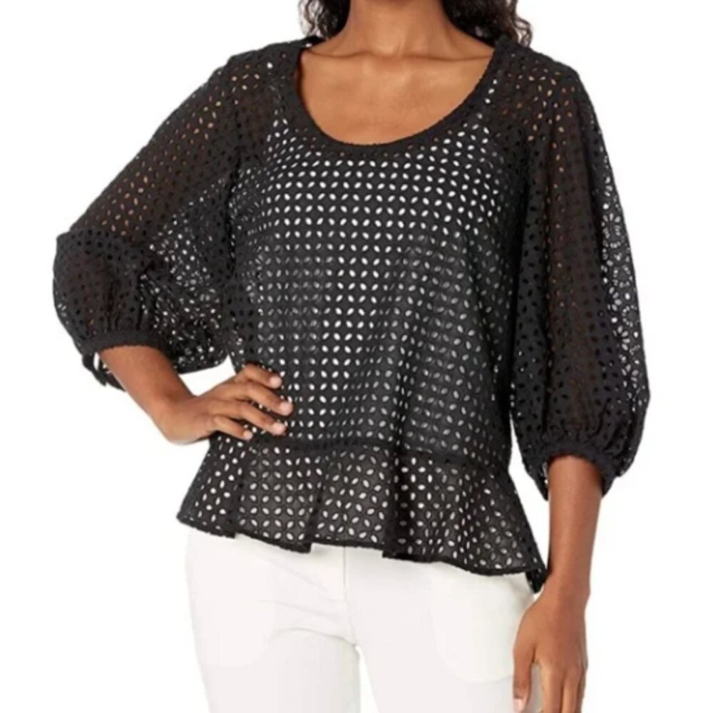 Club Monaco Black Eyelet Peplum Top